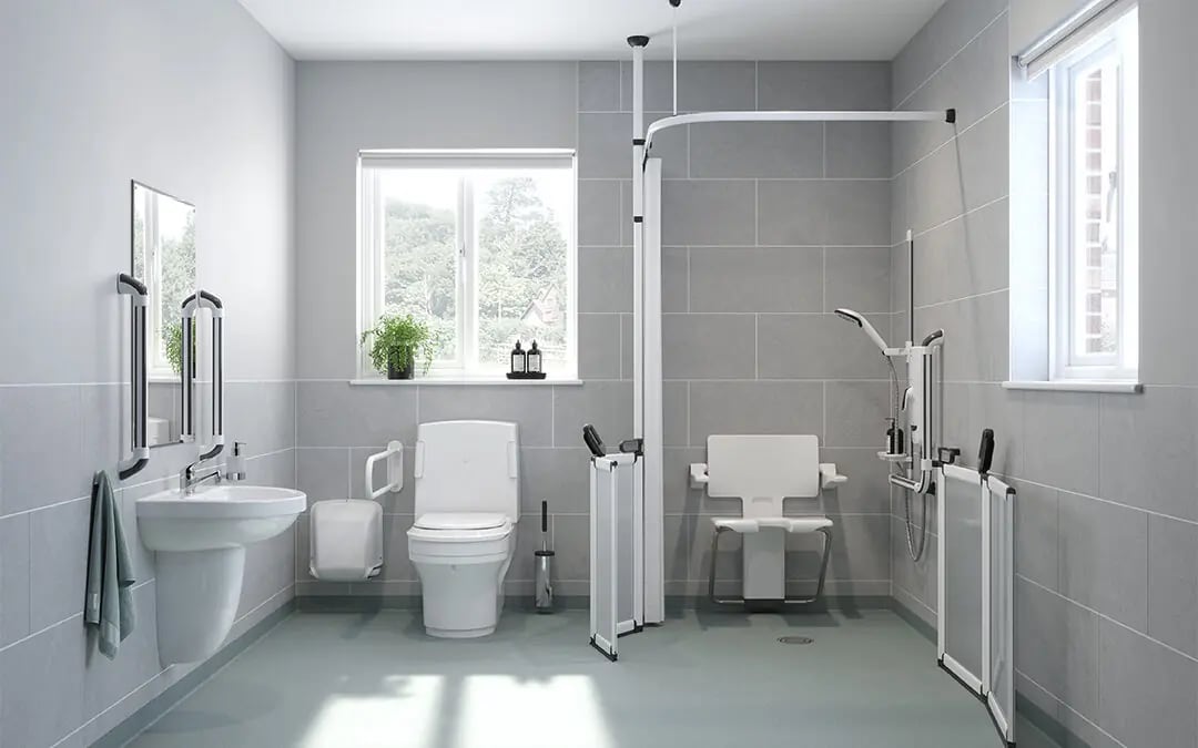 Accessible bathroom with grab bars and shower seating
