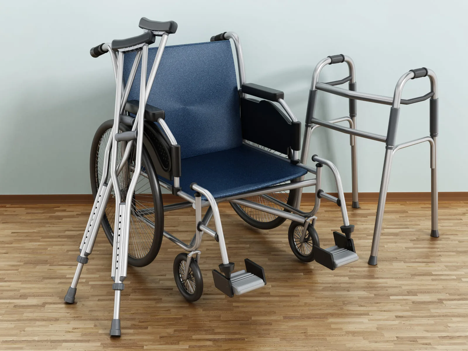 Wheelchair, walker, and crutches